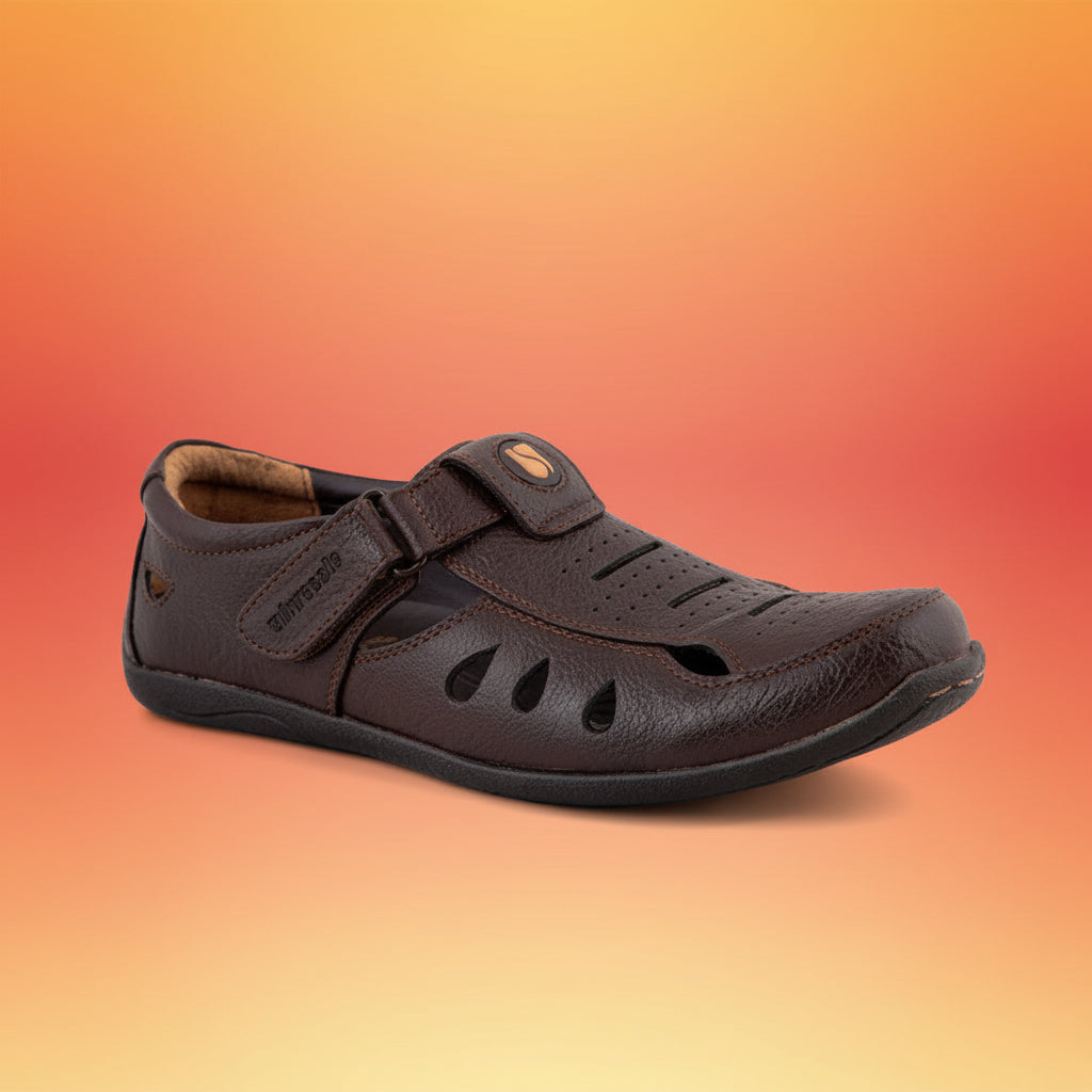 Brown sandal with a strap on a white background