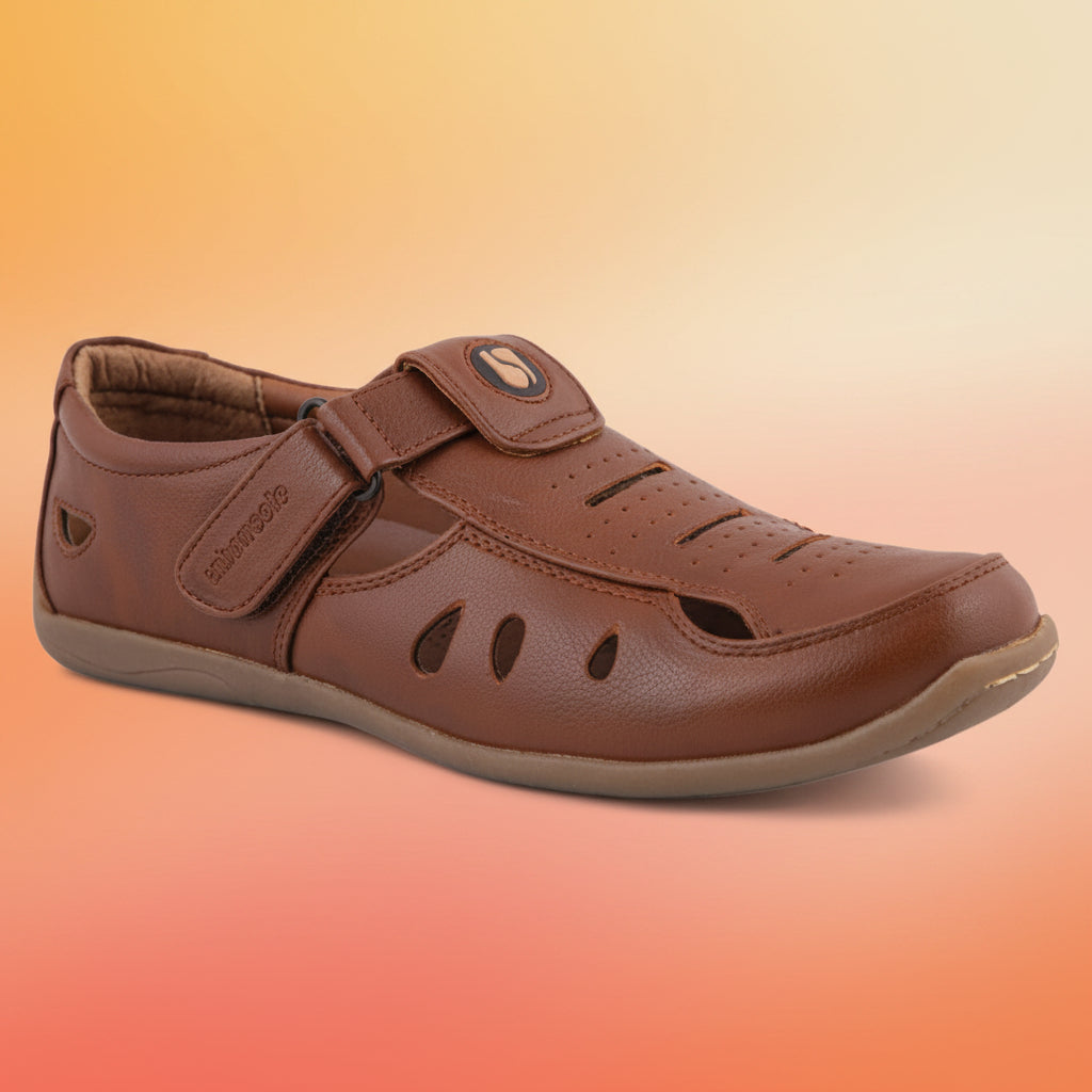 Brown leather shoe with a strap on a white background