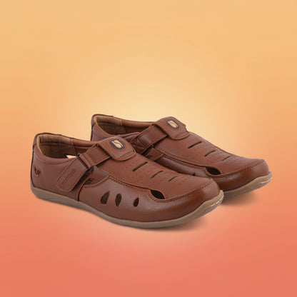 Pair of brown sandals with velcro straps on a white background