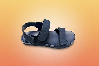 Blue sandal with strap design on a light gray background