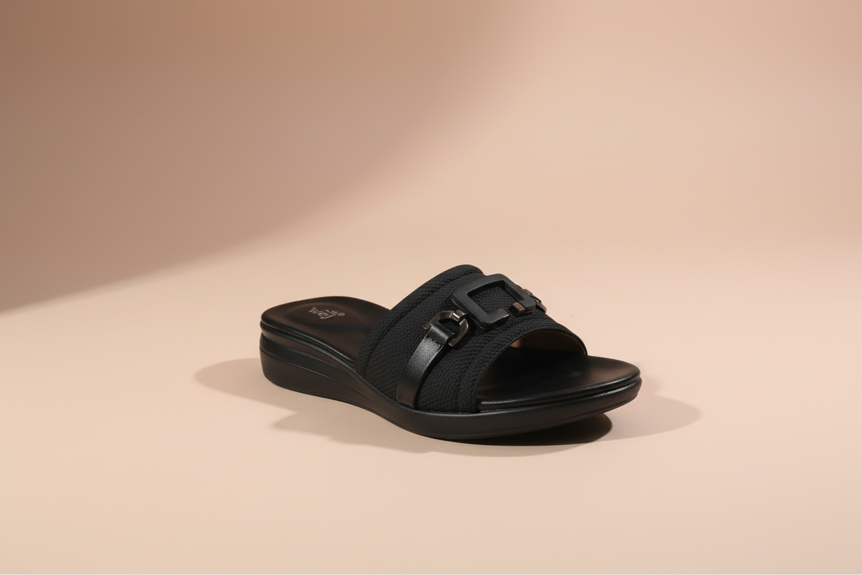 Black sandal with a strap on a tiled floor