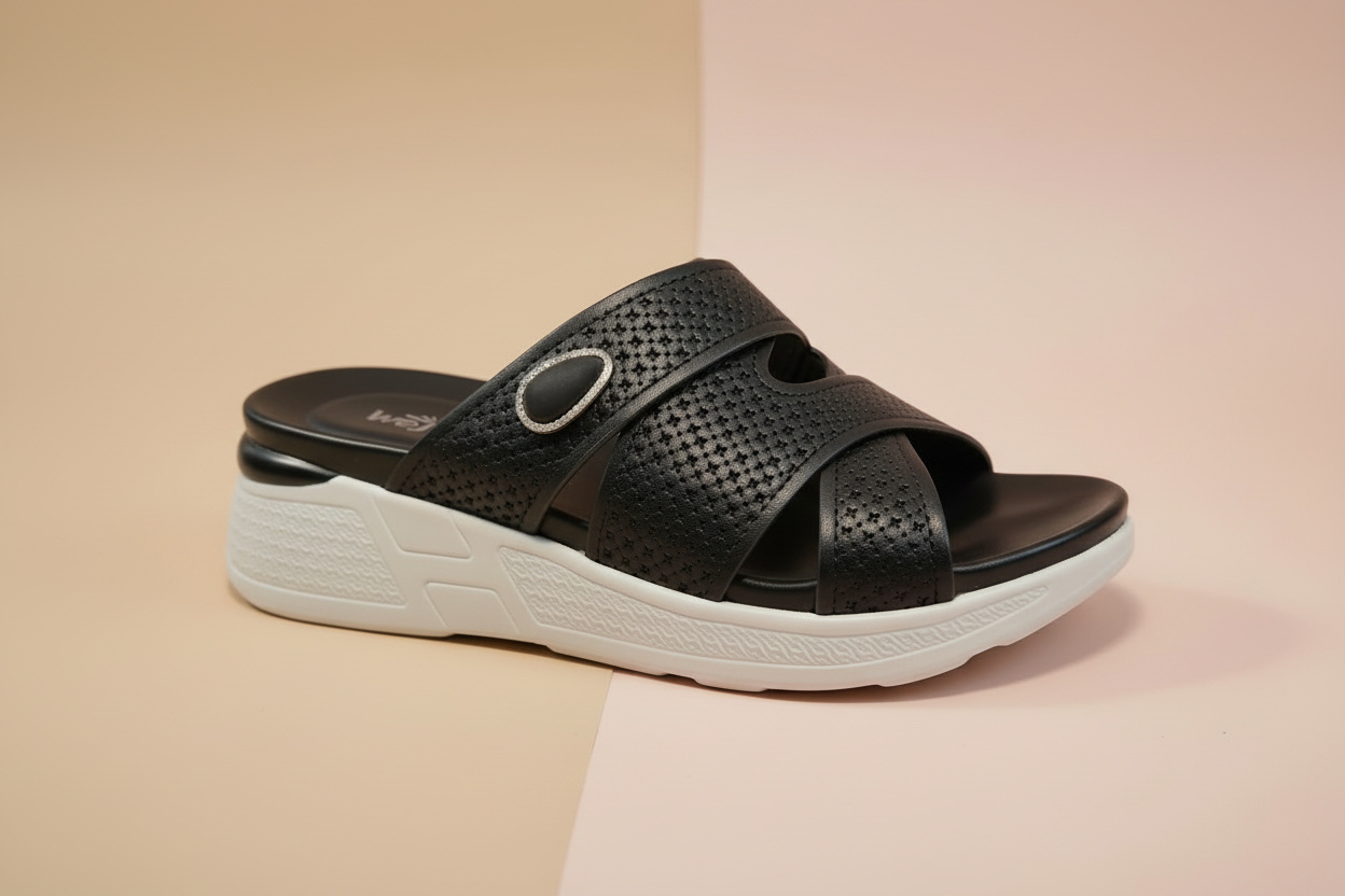 Black sandal with white sole on a beige background