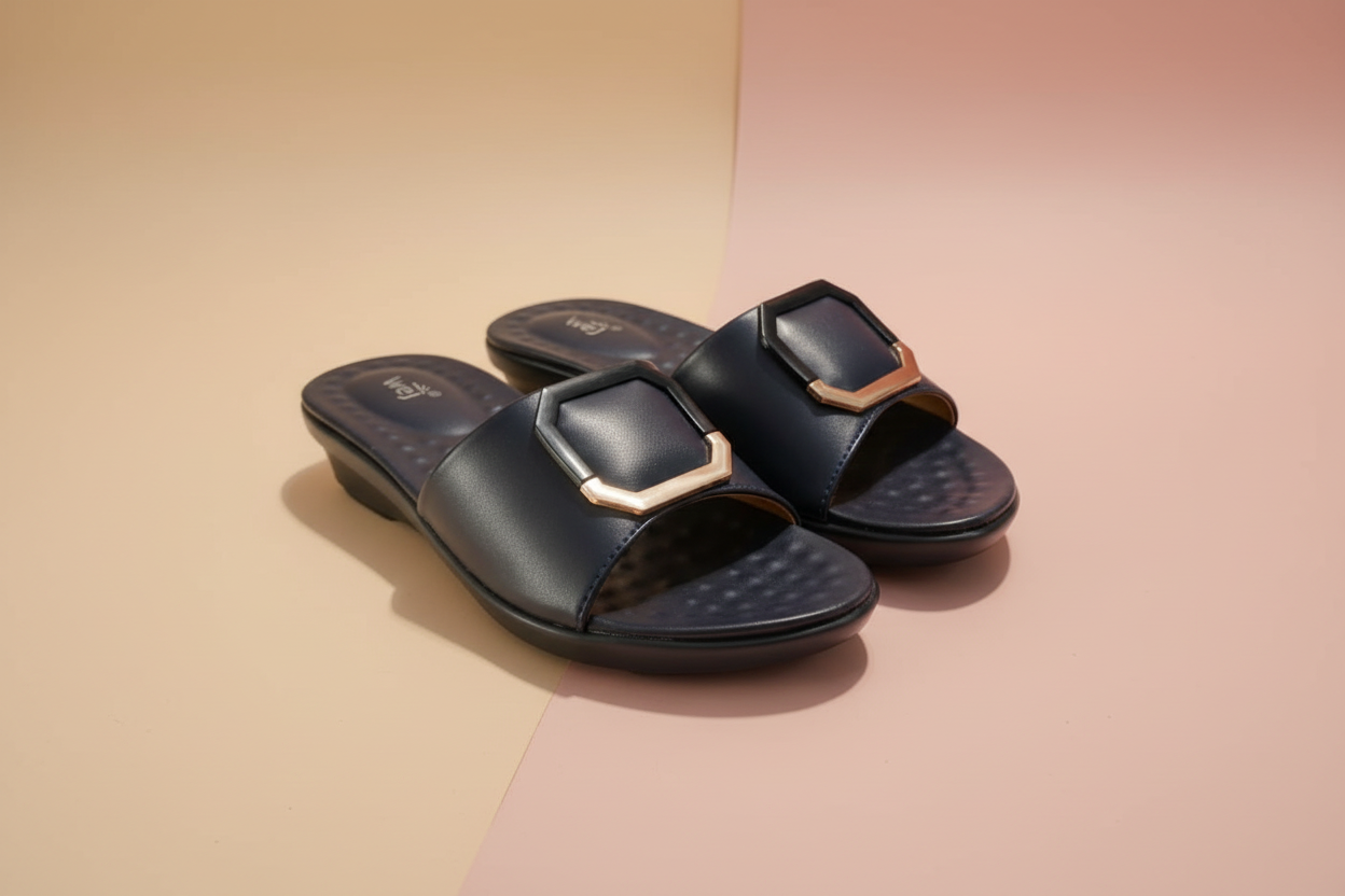 Black sandals with a metallic buckle on a light tiled floor