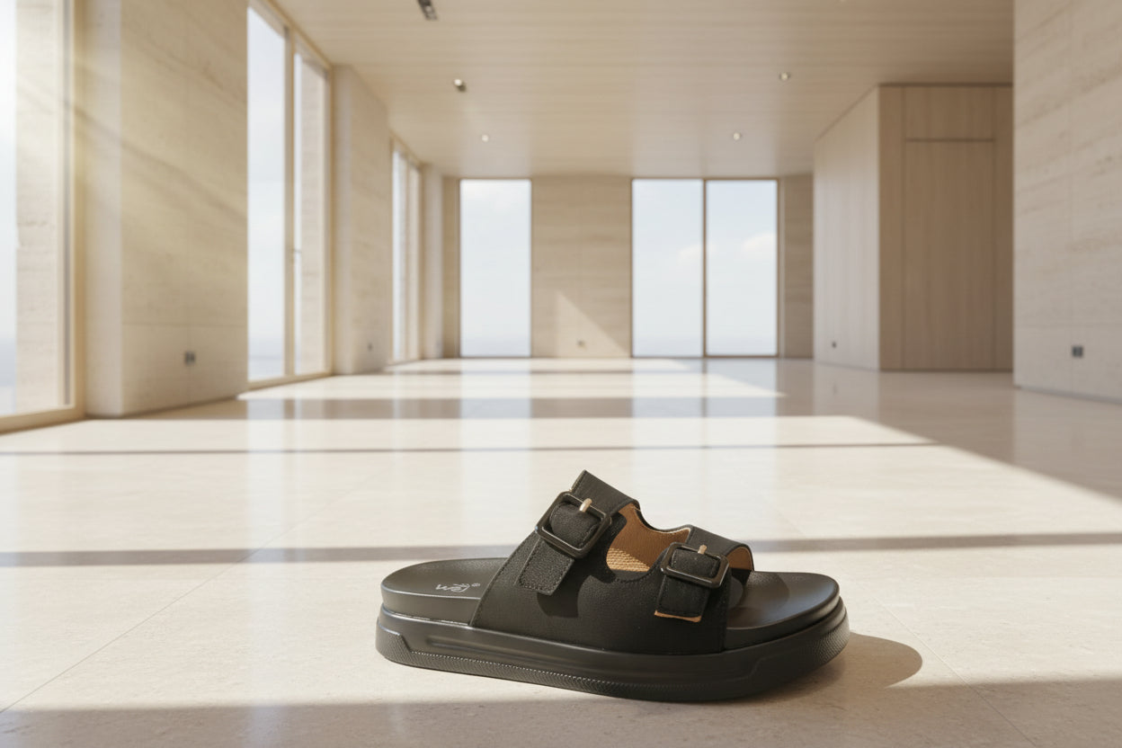 Black sandal with buckles on a light-colored floor