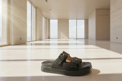Black sandal with buckles on a light-colored floor
