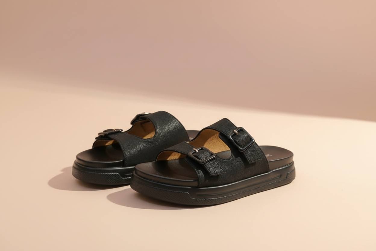 Black sandals with brown straps on a light-colored floor