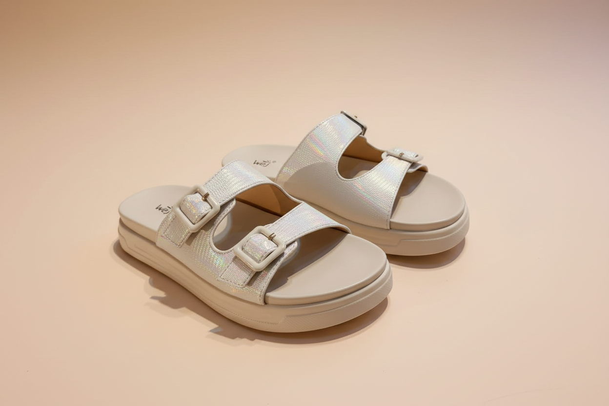 Beige sandals with buckles on a light background