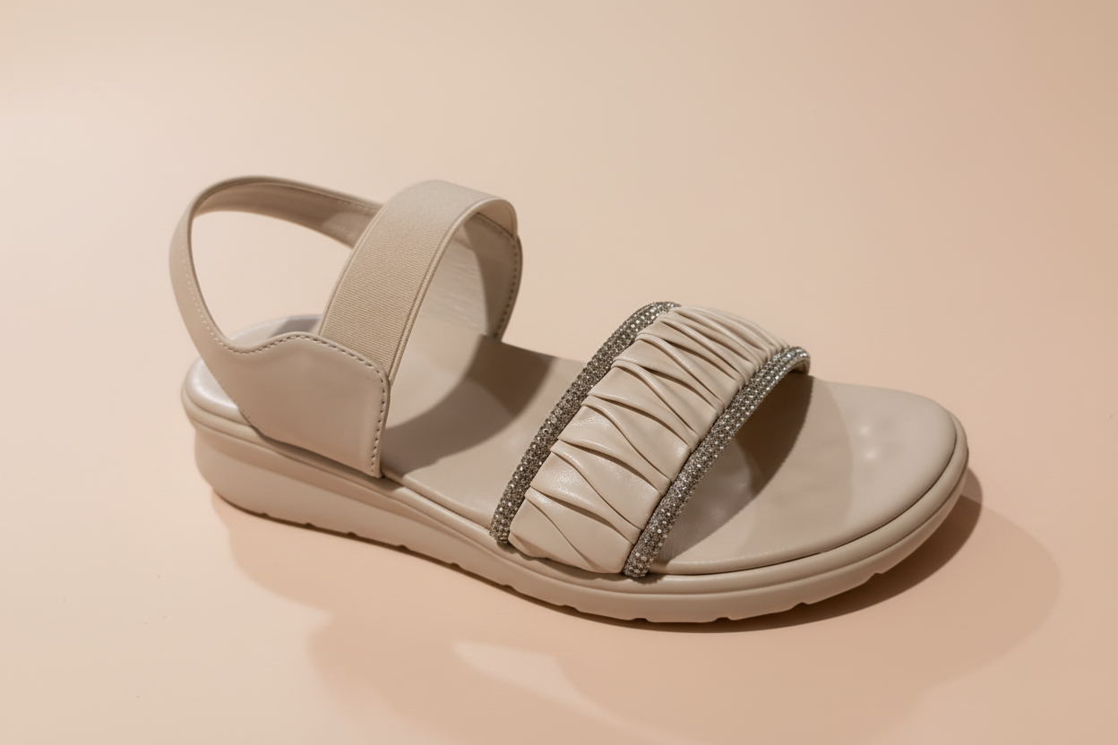 White sandal with decorative strap on a light background