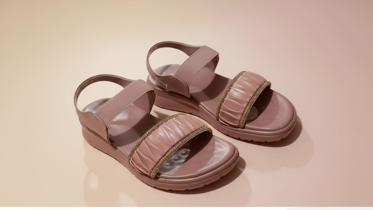 Pink sandals with gold embellishments on a light-colored floor.