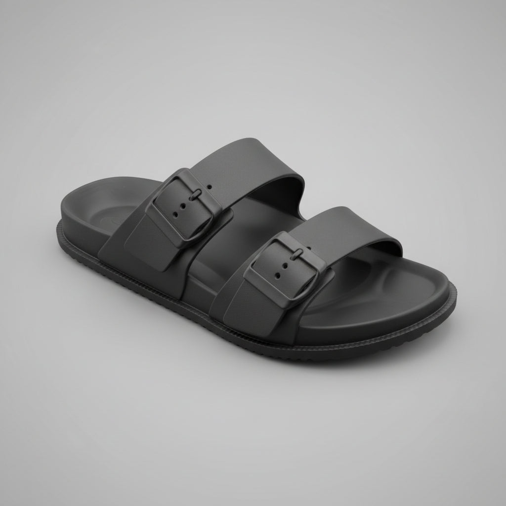 Black sandal with Nike logo on a wooden surface