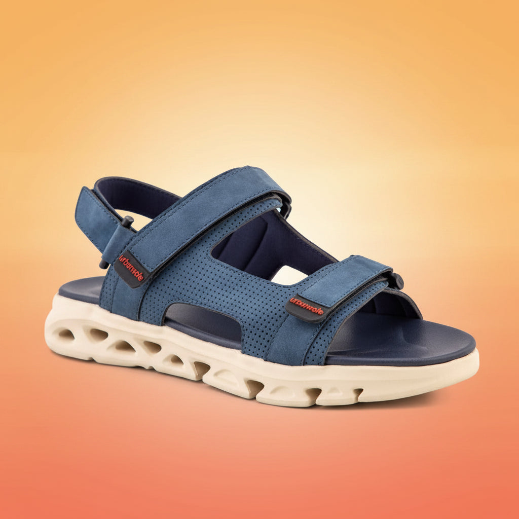 Blue sandal with a white sole on a light gray background